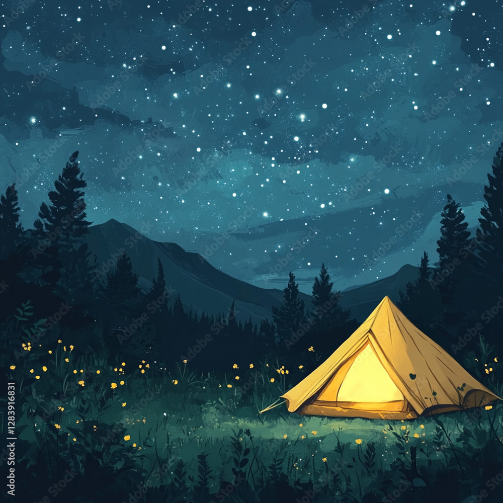 A camping scene with a glowing tent under a starry sky A camping scene with a glowing tent under a starry sky