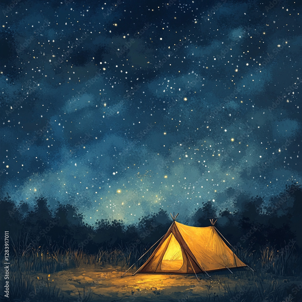 A camping scene with a glowing tent under a starry sky A camping scene with a glowing tent under a starry sky