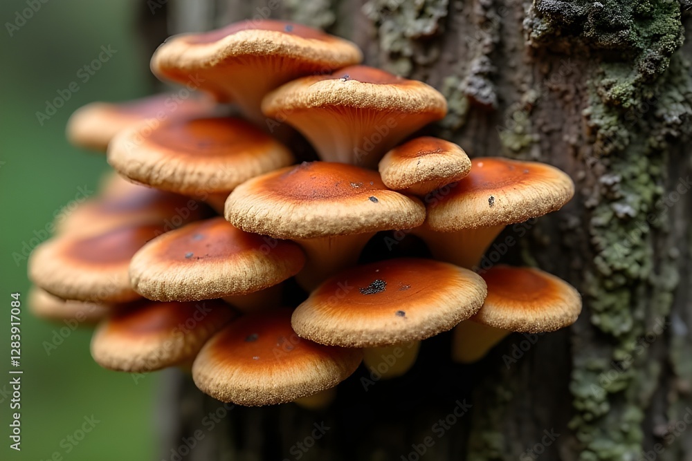 Obraz premium Close-up of Clustered Mushrooms Growing on Tree Trunk