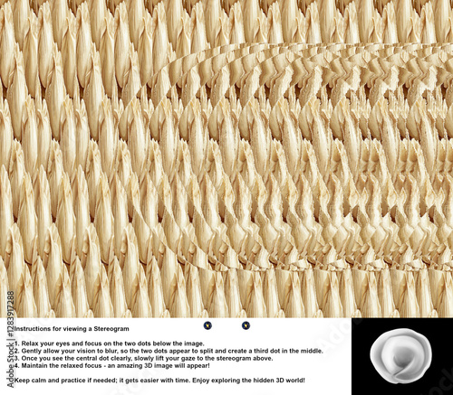 Optical illusion stereogram with hidden 3D shape of a russian dumpling with instruction