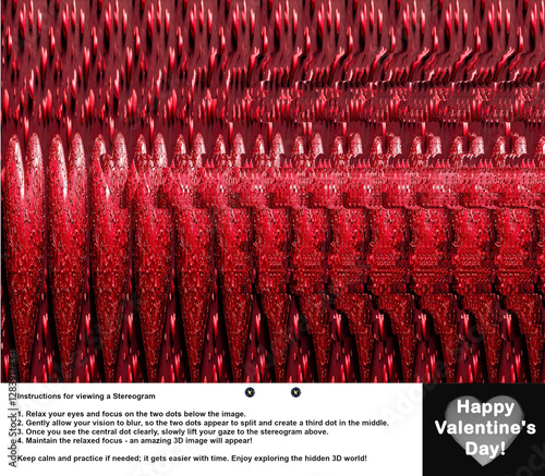 Optical illusion stereogram with hidden 3D shape of a heart. On top of the heart shape is placed text 'Happy Valentine's Day!' with instruction