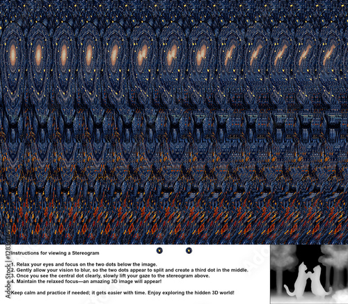 Optical illusion stereogram with hidden 3D shape of a cats, they're standing there looking at each other and holding each other by the paws with instruction
