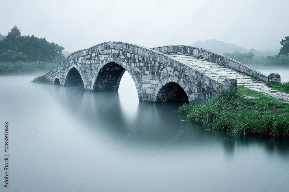 Fototapeta premium A tranquil view of a historic stone bridge arching over a serene lake in misty weather, featuring a captivating blend of architecture and natural beauty.