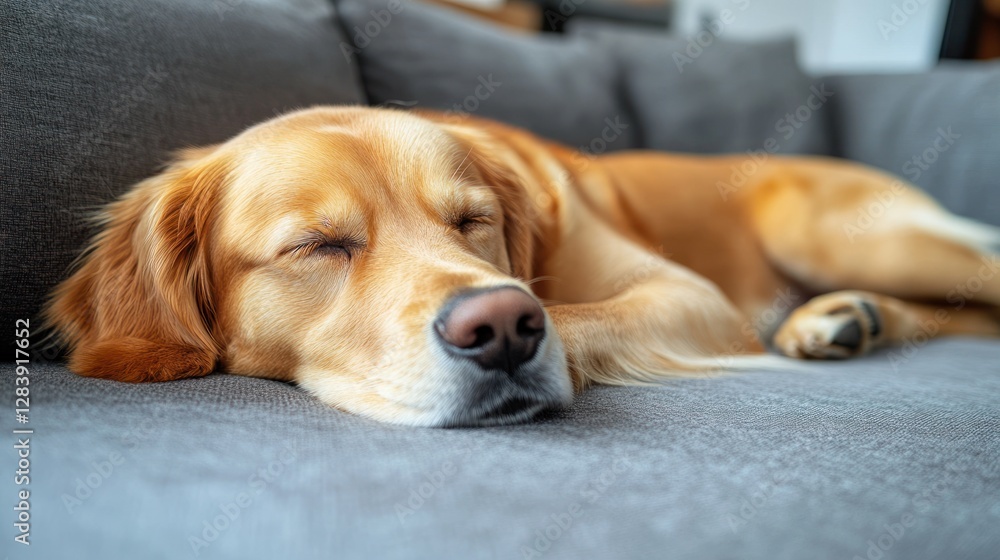 Golden Retriever sleeping soundly on a gray couch in a cozy home Golden Retriever sleeping soundly on a gray couch in a cozy home