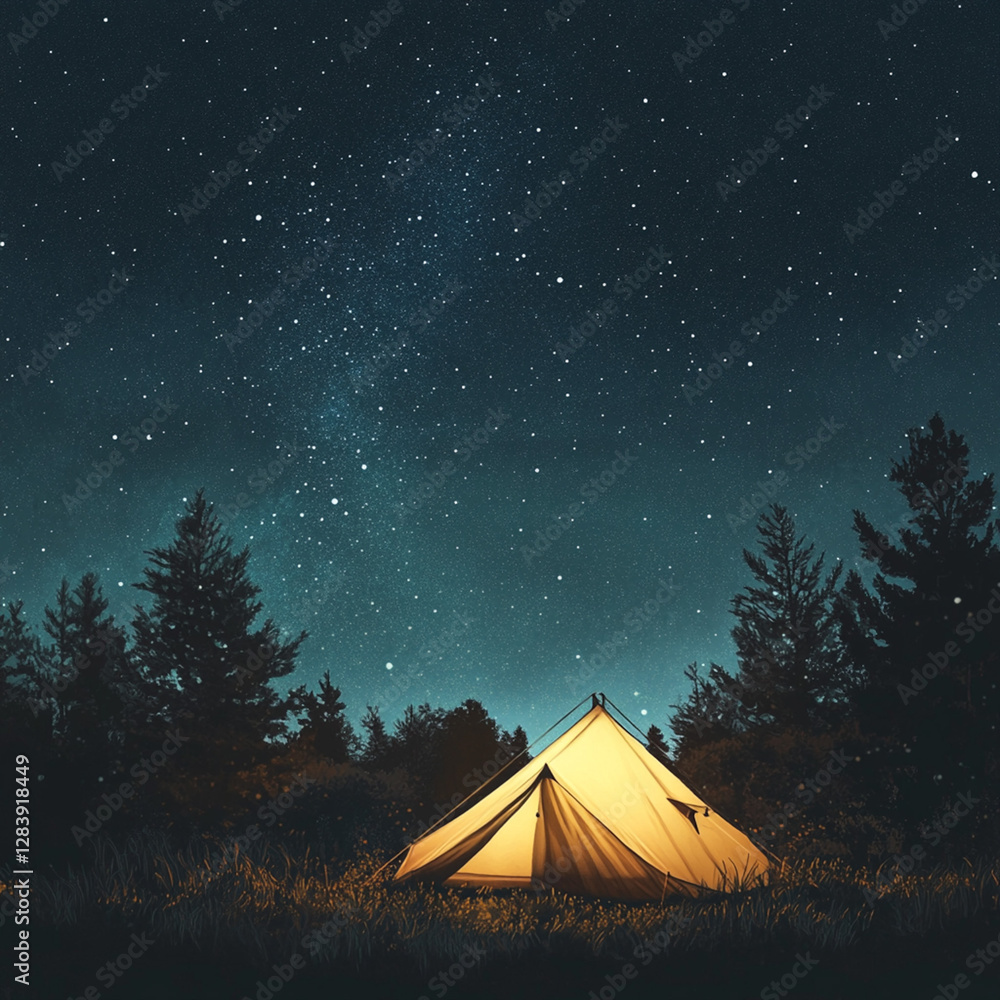 A camping scene with a glowing tent under a starry sky A camping scene with a glowing tent under a starry sky