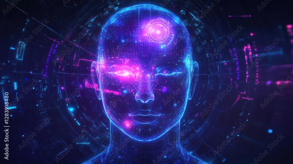 Fototapeta premium Futuristic digital human with cybernetic enhancements in neon lights