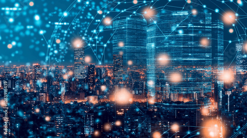 Wallpaper Mural Cityscape with digital overlay: Futuristic vision of a cityscape enveloped in a digital network of interconnected data points. Highlighting the convergence of technology and urban life. Torontodigital.ca