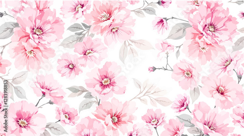 Seamless pattern with pink flowers painted in watercolor style on a white background, elegant floral design	