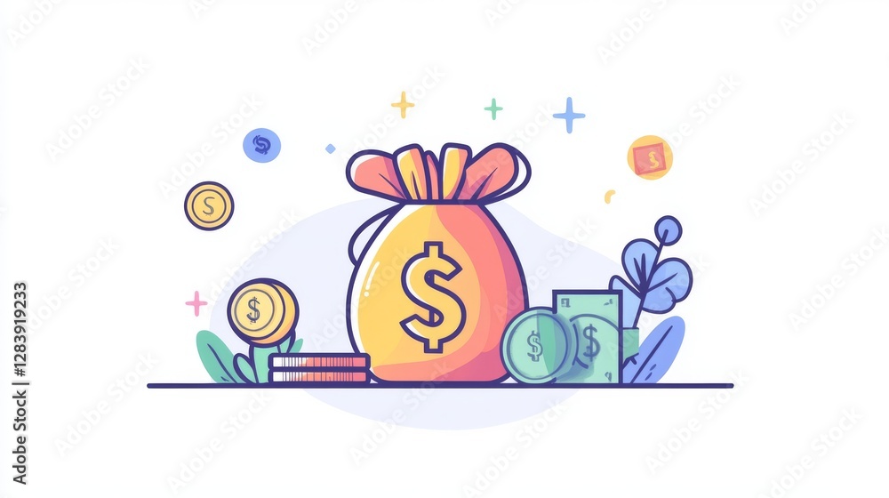Obraz premium Money icon, representing money and finances. It shows symbols like dollar sign, money bag, gold coin, and banknotes. 
