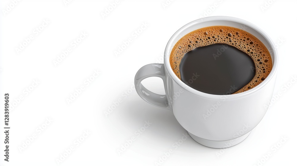 Hot Coffee in White Mug with Foam on Surface Against White Background Hot Coffee in White Mug with Foam on Surface Against White Background