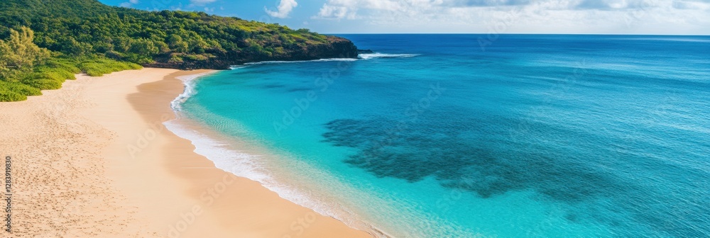 Obraz premium Serene tropical beach with clear water and lush greenery under a bright sky at midday. Generative AI