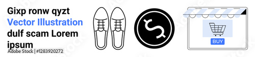 Shoes, dollar currency symbol, and a store cart under an awning. Ideal for e-commerce, online shopping, fashion retail, payment, budget management, finances flat landing page banner