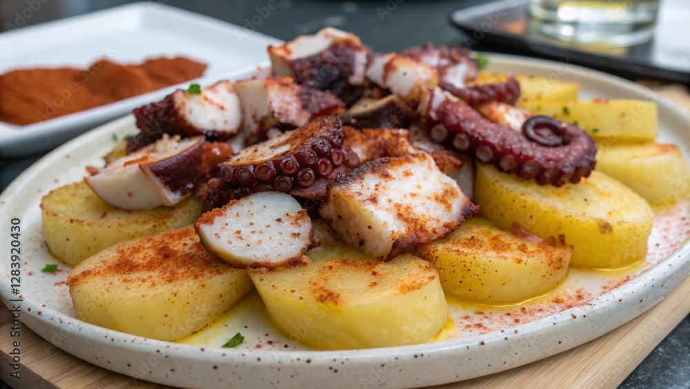 Savoring pulpo a la gallega authentic galician octopus dish spain food platter culinary experience close-up paprika and sea salt delight Savoring pulpo a la gallega authentic galician octopus dish spain food platter culinary experience close-up paprika and sea salt delight