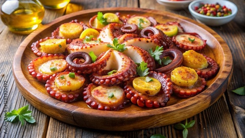 Fototapeta Naklejka Na Ścianę i Meble -  Savoring pulpo a la gallega a galician octopus platter with paprika olive oil and sea salt rustic wooden table culinary delight