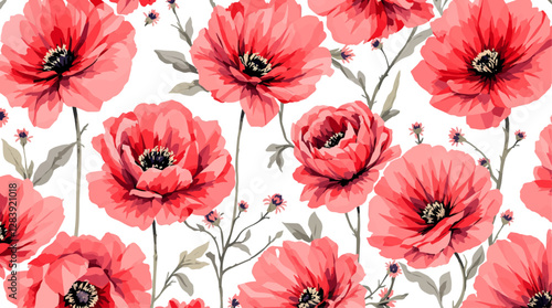 Red watercolor flowers seamless pattern transparent background	