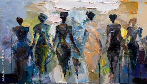 Abstract Expressionist Painting of Moving Silhouettes – Unity and Motion