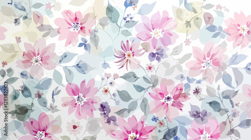 Abstract watercolor flowers seamless pattern transparent background	