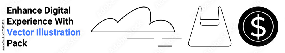 Minimalist black and white cloud, shopping bag, and dollar sign showing connectivity, sustainability, and commerce. Ideal for e-commerce, fintech, cloud storage, marketing shopping retail flat Minimalist black and white cloud, shopping bag, and dollar sign showing connectivity, sustainability, and commerce. Ideal for e-commerce, fintech, cloud storage, marketing shopping retail flat