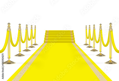 Yellow carpet with stairs, podium, ropes and golden stanchions. Vector illustration.