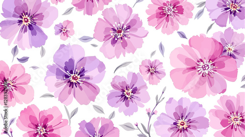Violet watercolor flowers seamless pattern transparent background	