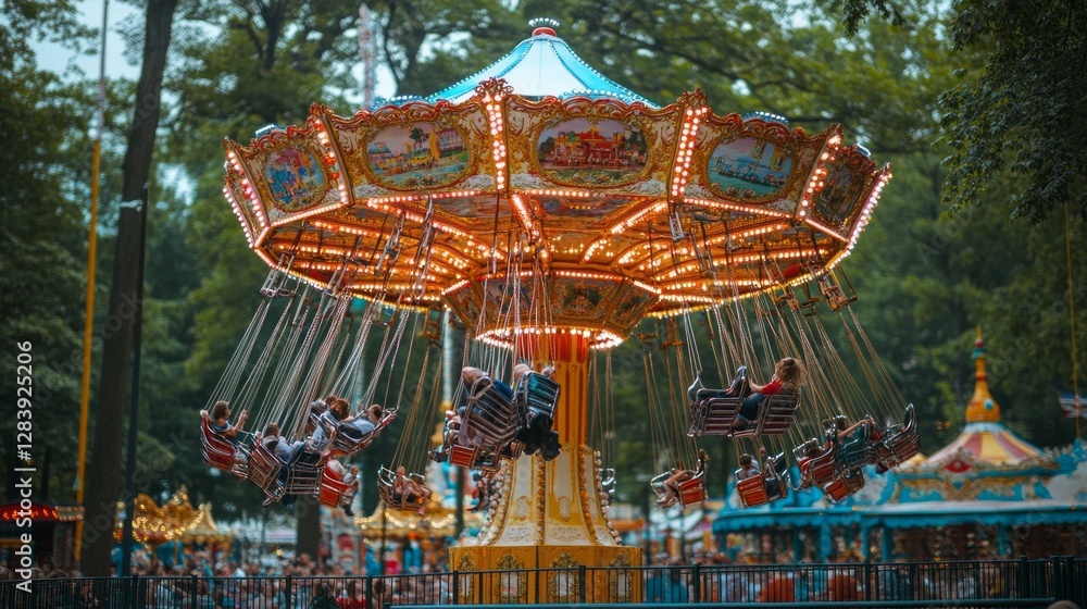 Brightly lit carnival midway buzzes with excitement as riders swirl on swings, creating a joyful atmosphere amidst the colorful attractions during twilight Brightly lit carnival midway buzzes with excitement as riders swirl on swings, creating a joyful atmosphere amidst the colorful attractions during twilight