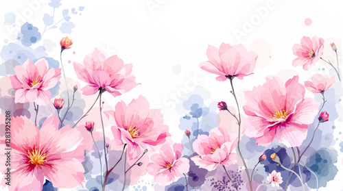 Pink watercolor summer flowers seamless pattern transparent background	