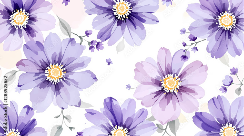 Fototapeta premium Violet watercolor flowers seamless pattern transparent background 