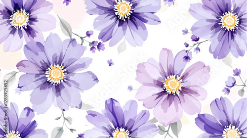 Violet watercolor flowers seamless pattern transparent background	