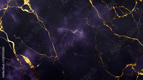 Luxurious cracked marble textured background with shimmering golden veins and fractures running across a dark purple hued surface  Elegant premium natural stone material with a vintage industrial © Prasong Takham