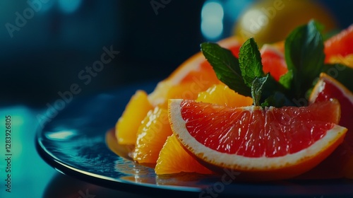 Close-up of Freshly Sliced Citrus Fruits with Mint