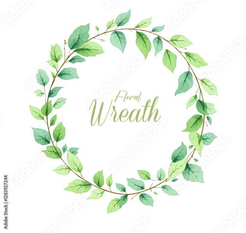 Watercolor green leaves wreath leaf boarder simple leafy hand painted isolated on white background frame wedding baby shower invitation cards save the date .	