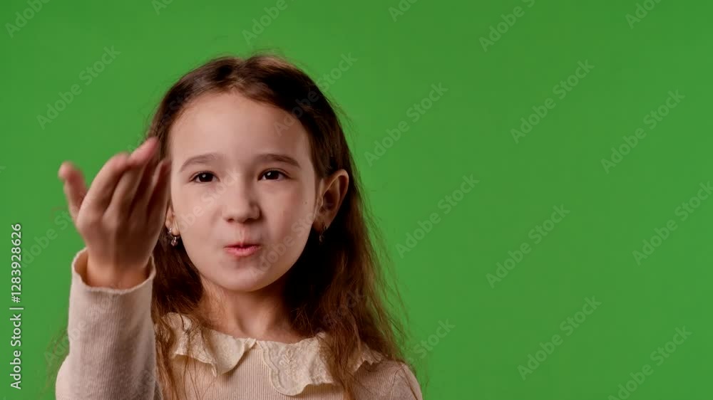 Little girl child looks at camera and blows an air kiss, smiling positive expression, isolated on chroma key green screen studio background mockup. Little girl child looks at camera and blows an air kiss, smiling positive expression, isolated on chroma key green screen studio background mockup.