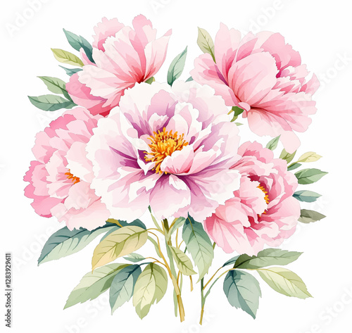 Floral Card Design Wedding Invitation Vintage Flower Illustration Botanica Background, Watrecolor, Watercolor pink magenta peony flowers bouquet.	