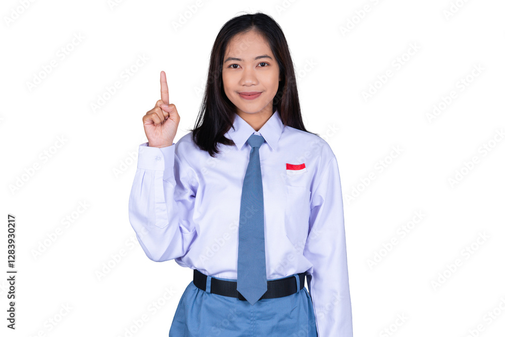 Indonesian Female High School Student in Uniform Smiling While Pointing Finger Isolated Transparent Indonesian Female High School Student in Uniform Smiling While Pointing Finger Isolated Transparent