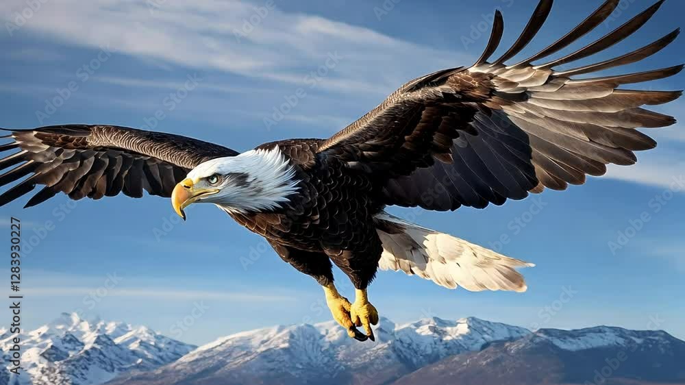 Majestic bald eagle soaring through a clear blue sky, wings spread wide, detailed feathers, sharp eyes
Majestic bald eagle soaring through a clear blue sky, wings spread wide, detailed feathers, sharp eyes