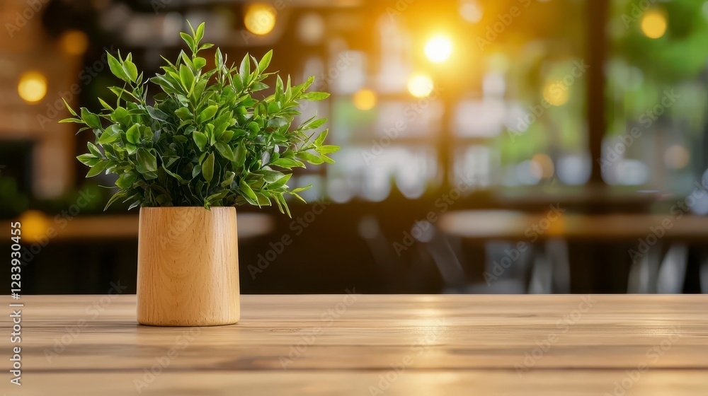 Green Plant in Wooden Pot on Table in Modern Cafe Interior Green Plant in Wooden Pot on Table in Modern Cafe Interior
