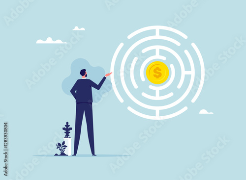 Finding money or glory from the stock market or investment, businessman wanting to enter circular maze with dollar money in center