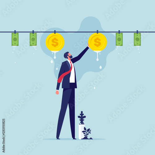 Money laundering concept, businessman breaking the law, fraud and financial machinations, income concealment, corruption and theft, washing dirty currency