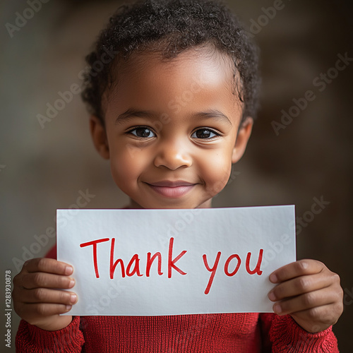 Close-up of a sheet with the inscription ‘Thank you’. Blurred background of the smiling African American child holding the sheet.