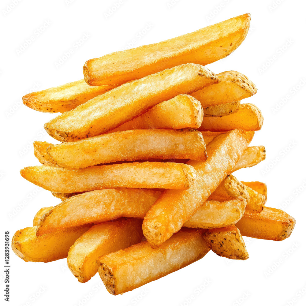 Golden Crispy French Fries Stacked High on a White Background Perfect for Food Photography and Culinary Use Golden Crispy French Fries Stacked High on a White Background Perfect for Food Photography and Culinary Use