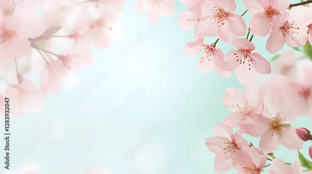 Fototapeta premium Delicate Cherry Blossom Petals Against Soft Blue Background in Springtime Nature Scene