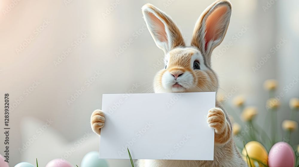 Fototapeta premium Easter rabbit holding a blank banner.