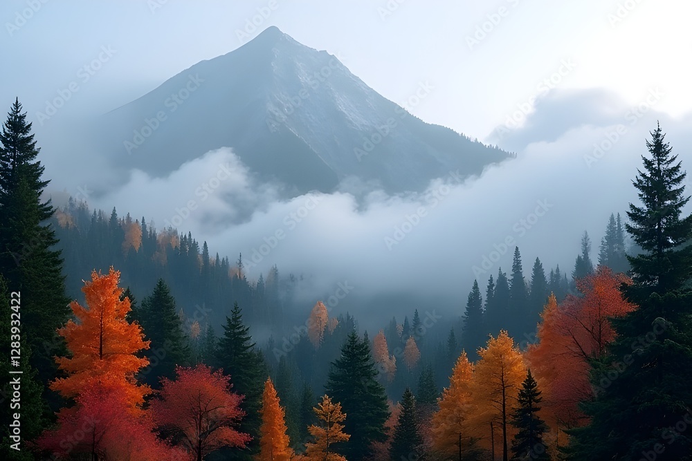 Autumn Foggy Mountain Landscape with Colorful Trees and Peak