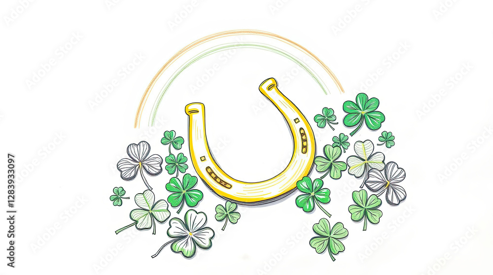 Fototapeta premium St. Patrick's day colorful illustration with traditional festive elements. Horseshoe, rainbow and clover leaves. 