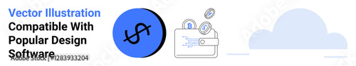 Wallet with crypto coins, dollar sign, and cloud concept. Ideal for fintech apps, online transactions, cryptocurrency services, banking platforms, finance tutorials, tech blogs flat landing page