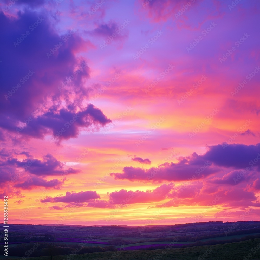 Obraz premium Beautiful Sunset Over Rolling Hills with Vibrant Clouds and Colors