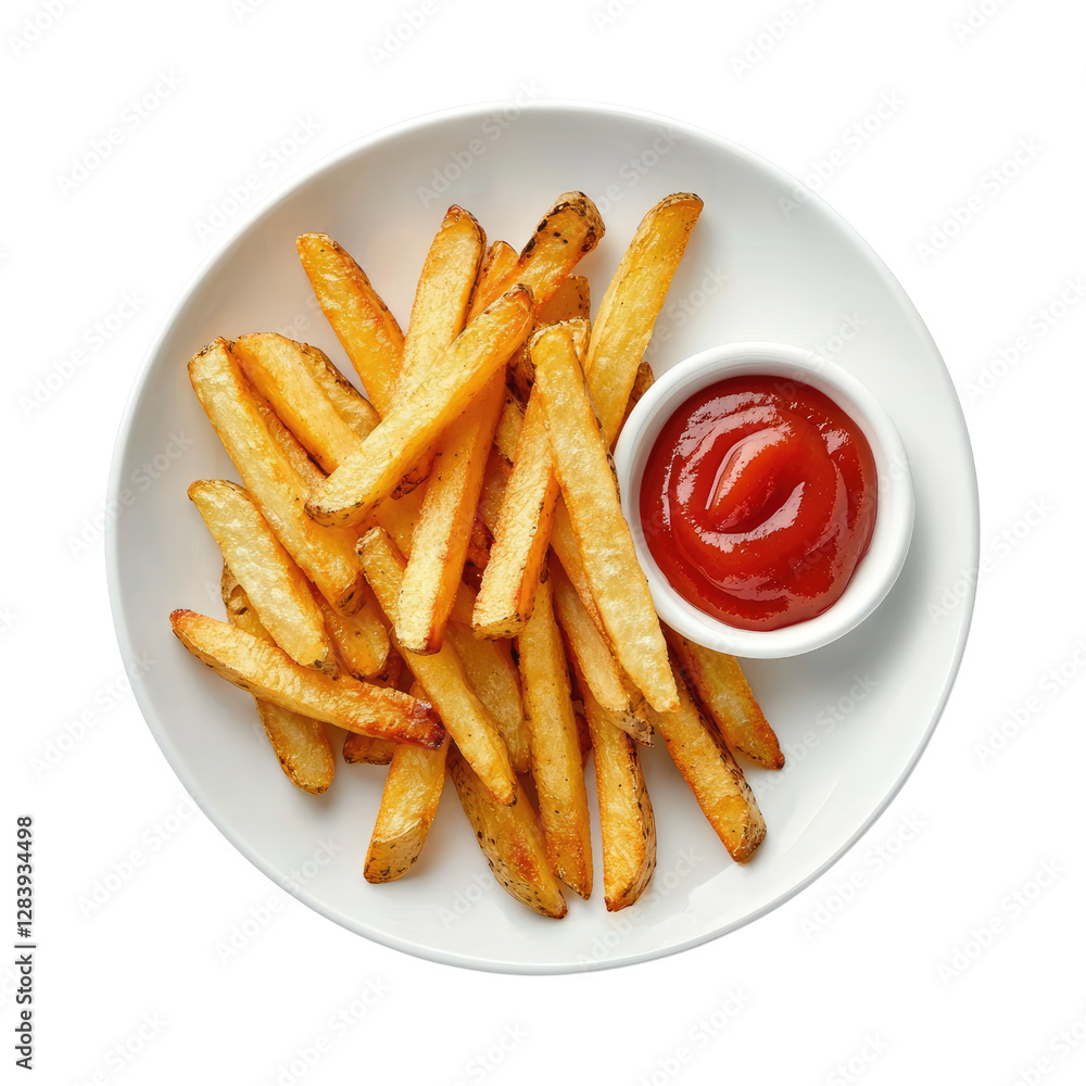 Crispy Golden French Fries Served with a Small Bowl of Red Tomato Ketchup on a White Plate Against a Simple Background