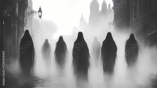 Ghostly figures drift silently through the fog-covered streets of the old village. Cursed Fog-Covered Streets. Illustration photo