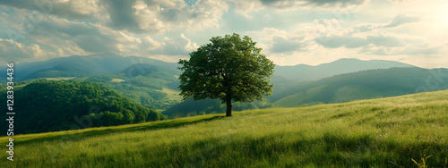 A tree stands on the grassy hill overlooking green mountains
