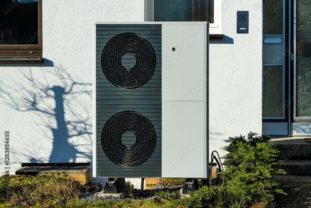 Wärmepumpe vor einem Wohnhaus